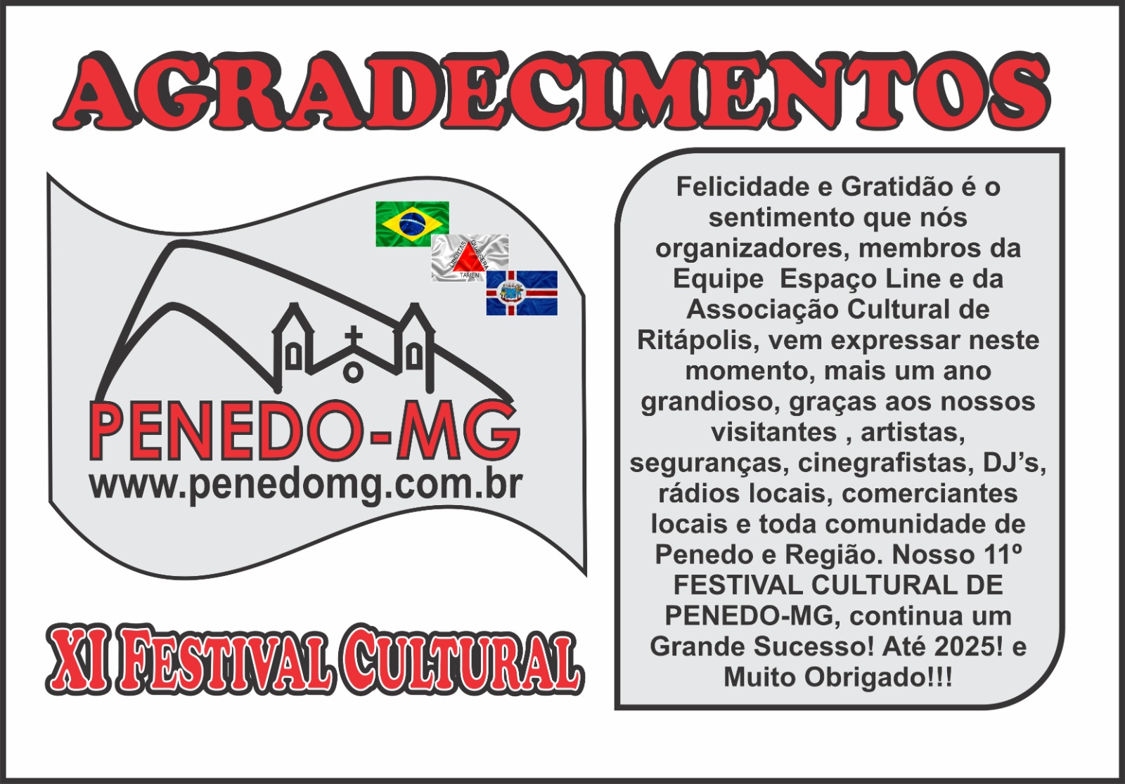 Agradecimento - XI Festival Cultural de Penedo - MG